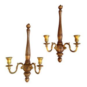 Vintage Syroco Wood & Resin Candle Wall Sconces Pair Set 2 MCM Mid Century Decor